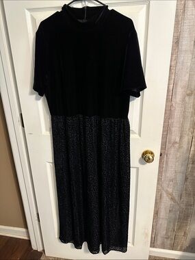 Black Velvet Midi Dress with Textured Skirt